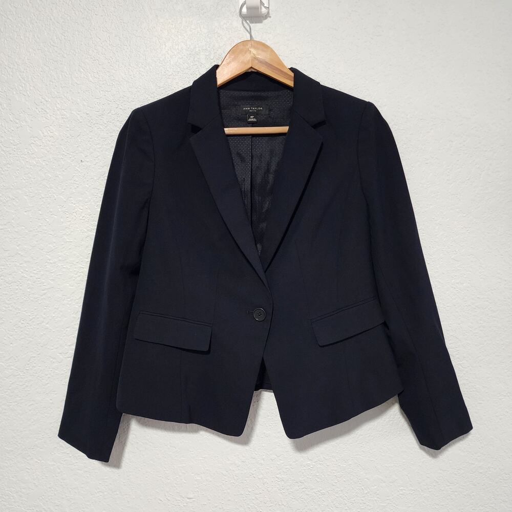 Ann Taylor Navy Blue One Button Blazer Suit Jacket Medium Petite Office Wear